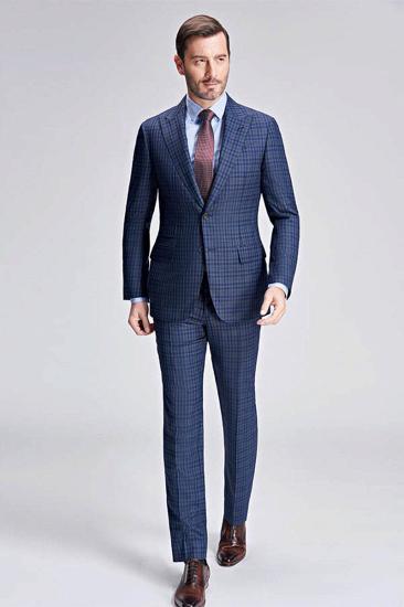 Small Check Gentleman Suit | Mens Point Collar Blue Suit