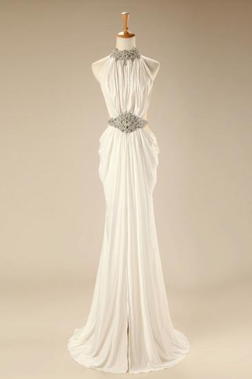 White High Collar Sexy Evening Dresses Crystal Chiffon Zipper Long Gown_1
