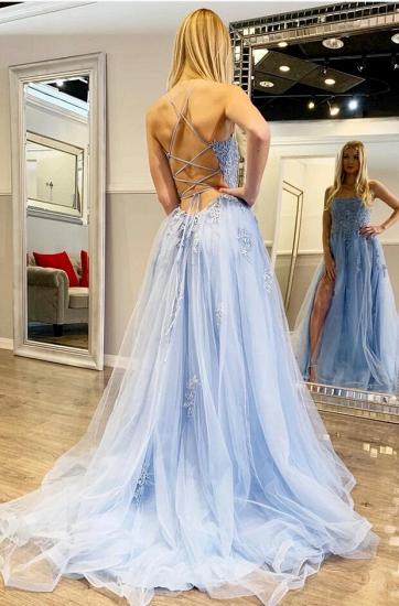 Sky blue High split a-line ball gown prom dress with lace appliques_5