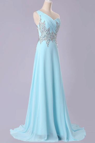 Light Blue Chiffon Prom Dresses with Crystals One  Shoulder Sheer Back Popular Evening Dresses