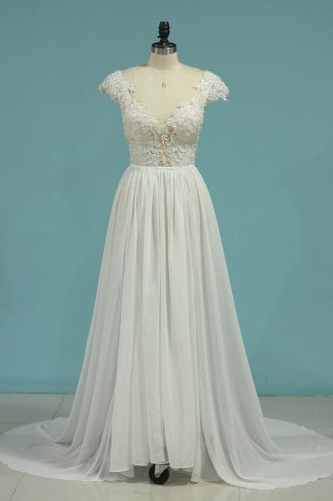 Bradyonlinewholesale Simple Chiffon Ruffles Lace Wedding Dress Appliques Cap Sleeves V-neck Beadings Bridal Gowns On Sale
