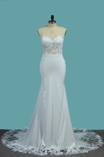 Bradyonlinewholesale Sexy Spaghetti Straps Satin Wedding Dress Mermaid Lace Applqiues Bridal Gowns On Sale