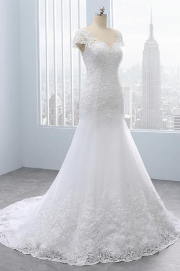 Bradyonlinewholesale Chic Jewel Mermaid Tulle Lace Wedding Dress Short-Sleeves Beadings Appliques Bridal Gowns On Sale_3