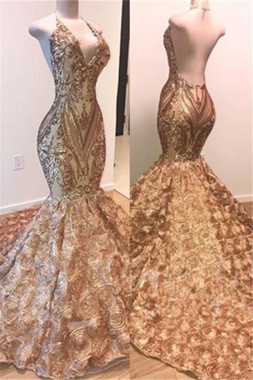 V-neck Backless Sexy Gold Prom Dress Cheap Online | Mermaid Appliques Floral Prom Dress with Long Train_1