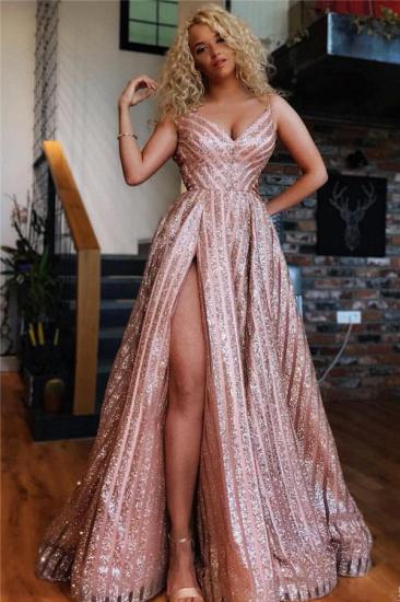Sparkly Champagne Pink Sequins Prom Dresses Cheap | Sexy Split Spaghetti Straps Evening Gowns_1