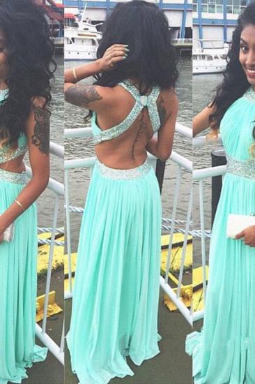 A-Line Green Chiffon Long Prom Dress with Beadings New Arrival Halter Open Back Evening Dress_2