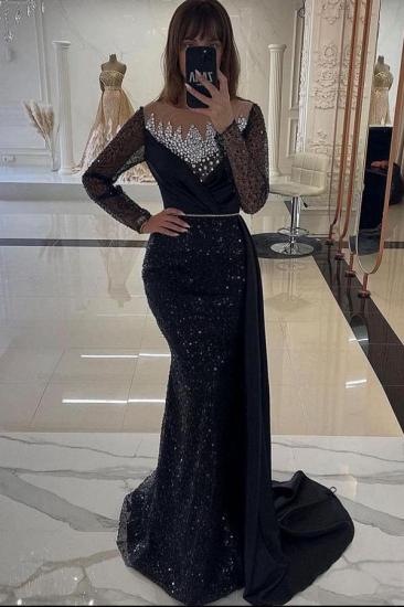 Navy Blue Evening Dresses Long Glitter Prom Dresses with Sleeves
