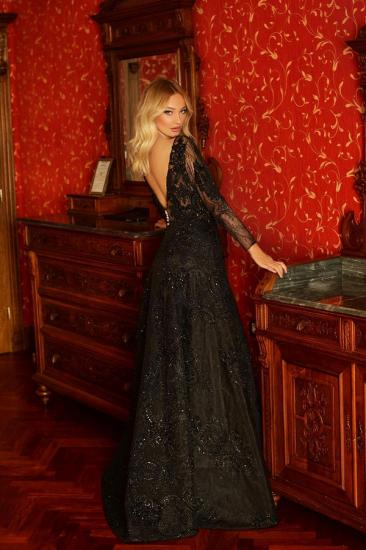 Chic Black V-Neck Aline Evening Party Dress Long Sleeves Lace Party Dress_2