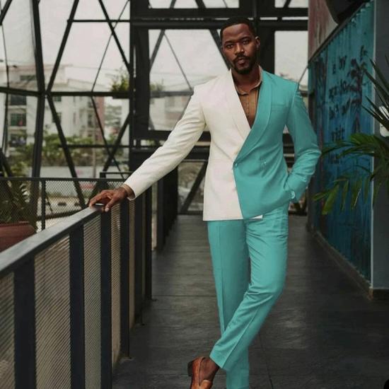 Double block Turquoise Shawl Lapel Double Breasted Prom Two Suit_2