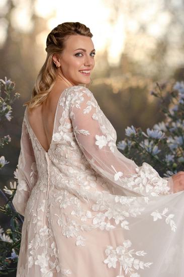 Long Sleeve V Neck A-Line Lace Appliquéd Plus Size Wedding Dress_4
