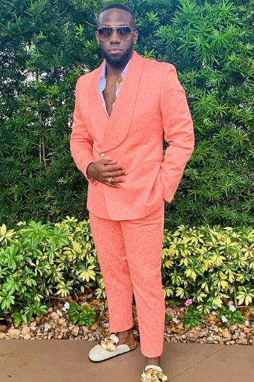 Modern Coral Jacquard Shawl Lapel Double Breasted Prom Two Suits_1