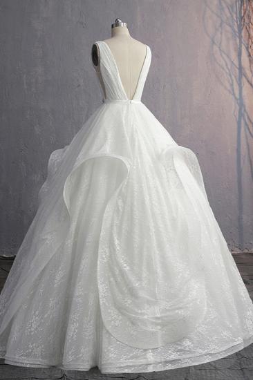 Bradyonlinewholesale Unique V-Neck Ruffles Lace White Wedding Dress Appliques Sleeveless Bridal Gowns with Beadings On Sale_3