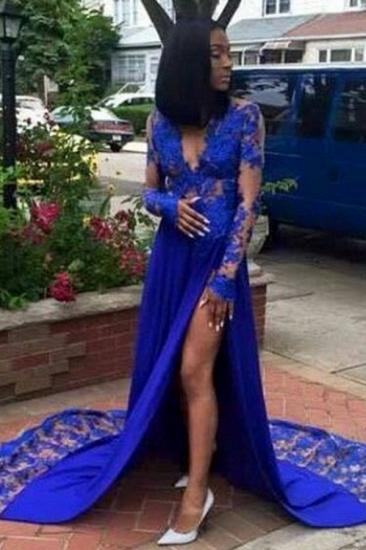 Side Slit Deep V-Neck Evening Dress Cheap Long Sleeves Lace Sexy Royal Blue Prom Dresses_1