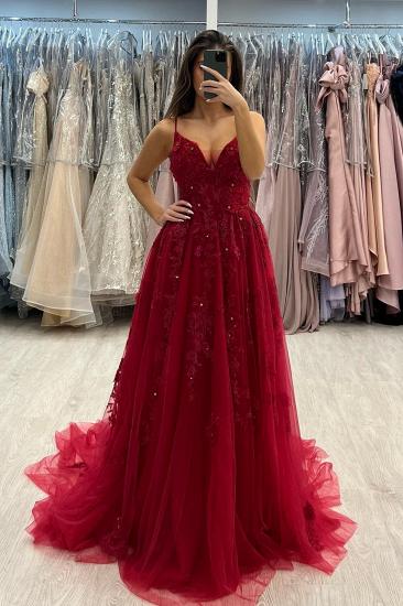 V-neck Spaghetti Straps Tulle Appliques Lace A-Line Prom Dresses