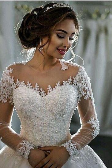 Sheer Lace Long-Sleeves Beaded Ball-Gown Wedding Dresses_3