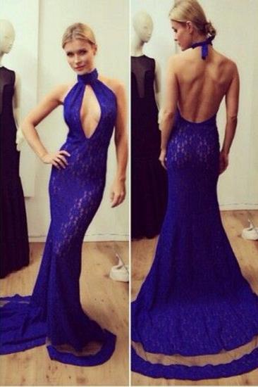 Mermaid Lace Halter Royral Blue Evening Dresses Sexy Backless Cheap Popular Long Dresses for Women_1