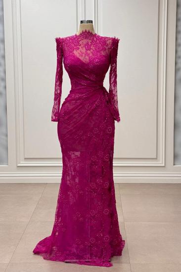 Fuchsia Evening Dresses Long Simple Lace Ball Gowns with Sleeves