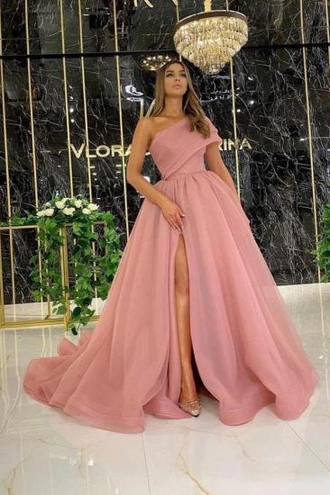 Stylish One Shoulder Dusty Pink Evening Swing Gown Side Slit_1