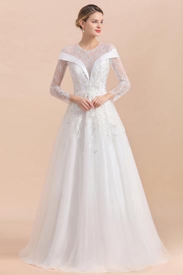 Modest White Beaded Appliques Long Sleeves Round neck Floor length Lace Wedding Dress_3