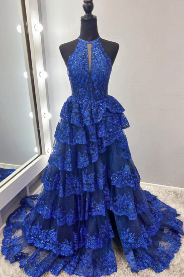 Designer Royal Blue Sparkly A Linie Lace Long Prom Dresses