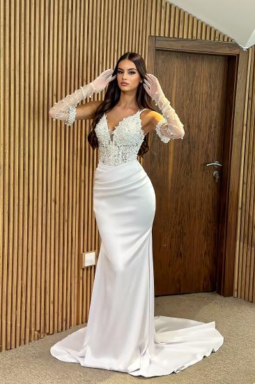 Sexy Wedding Dress V Neck Mermaid Style Wedding Dress Satin with Pearls_2