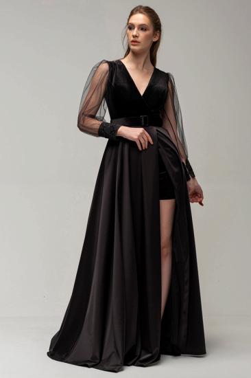 Charming Puffy Sleeves Satin Black V-Neck Evening Dress with Side Slit