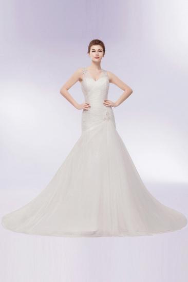 Mermaid V-neck Floor Length Tulle Wedding Dresses with Crystals_1