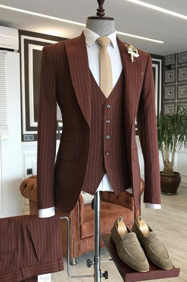 Elmer Newest Burgundy 3 Piece Striped Point Lapel Business Suit for Men