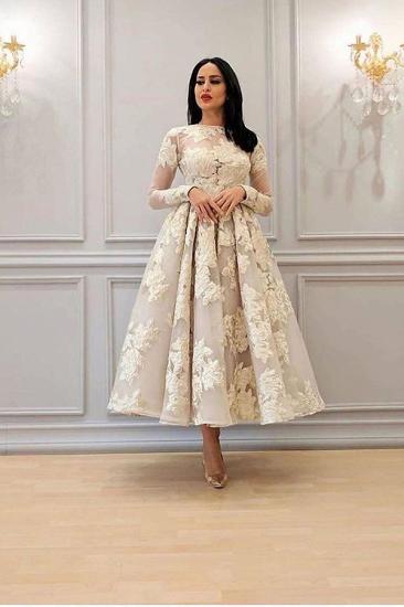 Charming Long Sleeves Floral A-line Evening Dress Ankle Length Party Dress_2