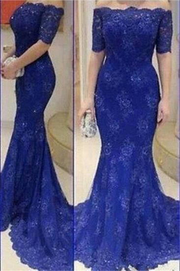 Royal Blue Mermaid Lace Long Evening Dress Sexy Off Shoulder Half Sleeve Prom Dresses_1