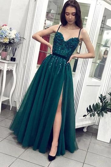 Elegant Dark Green Tulle Spaghetti Straps Evening Maxi Gown