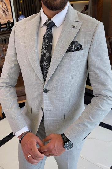 Allen Light Gray Peaked Lapel Plaid Business Suits For Men_1