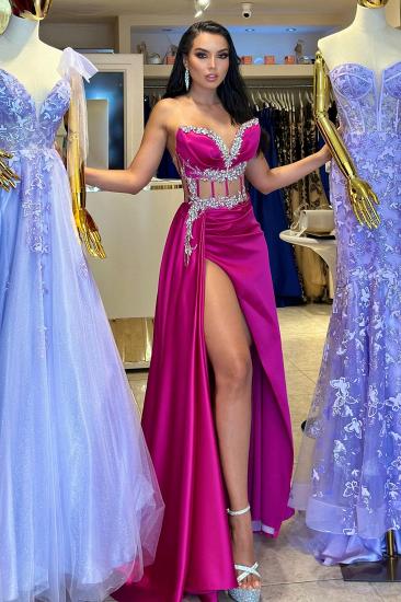 Sweetheart Fuchsia High Split Silver Beaded Prom Dresses_3