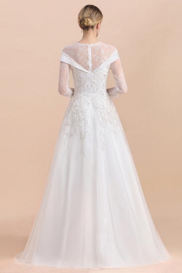 Modest White Beaded Appliques Long Sleeves Round neck Floor length Lace Wedding Dress_2