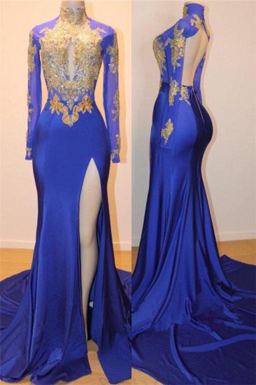 Royal Blue Gold Appliques Sexy Open Back Prom Dress | Side Slit Long Sleeve Cheap Evening Dress_1
