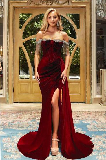 Designer Burgundy Off Shoulder Velvet Long Prom Dresses Evening Gowns