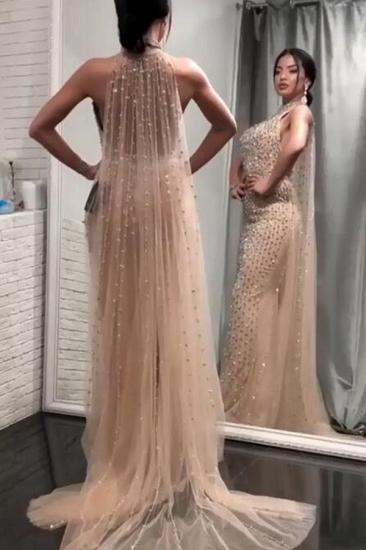 Glamorous Champagne Sheath Evening Dresses | Sexy Halter Backless Crystal Prom Dresses_2