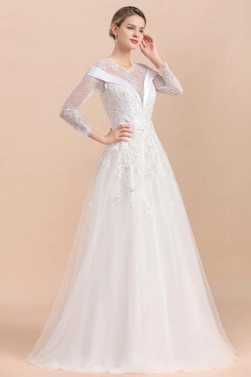 Modest White Beaded Appliques Long Sleeves Round neck Floor length Lace Wedding Dress_7