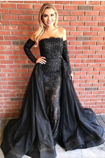 Gorgeous Black Long Sleeves Evening Gowns Sheath Beads Prom Dresses with Over-Skirt_3