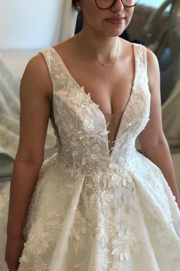 Summer Beach Plunging V-neck Ivory Princess Wedding Gowns_3