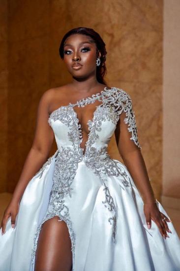 Gorgeous One Shoulder Satin Aline Wedding Dresses Beadings Front Split Bridal Gown_2
