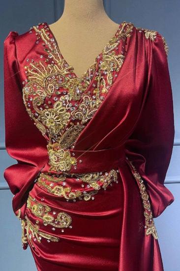 Elegant Long Red Evening Dress with Sleeves | V Neck Crystal Prom Dress_3