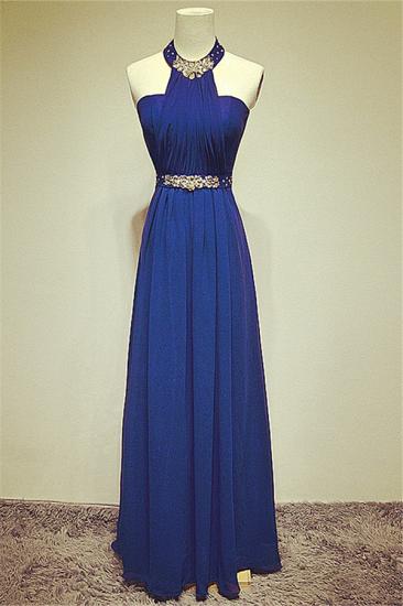 Blue Chiffon Elegant Halter Long Prom Dress A-line Open Back Crystal Evening Dresses with Sash