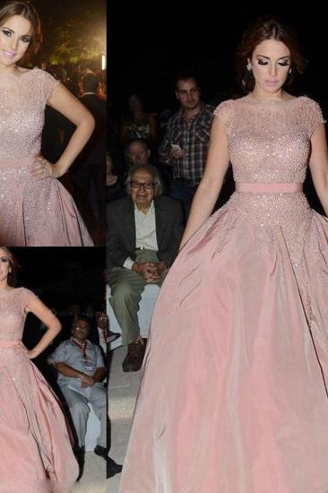 Pink Cap-Sleeve Diamonds Designer Charming Evening Dress_3