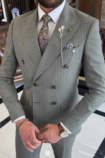 Alger Gray Peaked Lapel Double Breasted Striped Business Suits_2