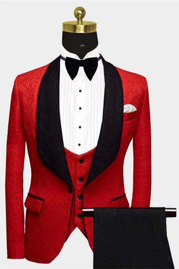 Trendy Red Floral Tuxedo | Custom Three-Piece Black Lapel Mens Suit