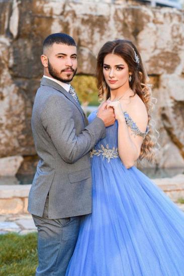 Romantic Off the Shoulder Sky Blue Wedding Gown Tulle Lace Prom Party Dress_4