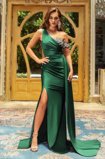 Asymmetric Emerald Green Slim Evening Maxi Dress with Side Split Glitter Crystals Long Formal Dress_1