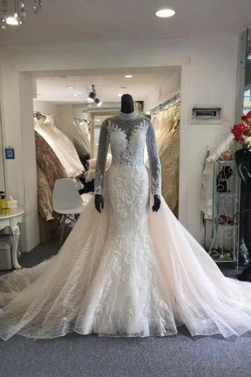 Elegant Collar Long Sleeve Floral Pattern Mermaid Wedding Dress Detachable Sweep Train_2