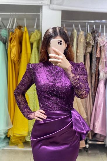 Soft Floral Lace Appliquéd Long Sleeve Purple Mermaid Evening Dress_2